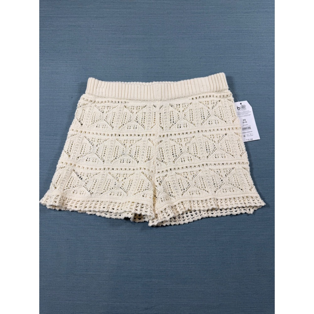 Time‎ and Tru Womens Cream Crochet Knit Shorts Ivory Boho Beach Cover Up XS NEW